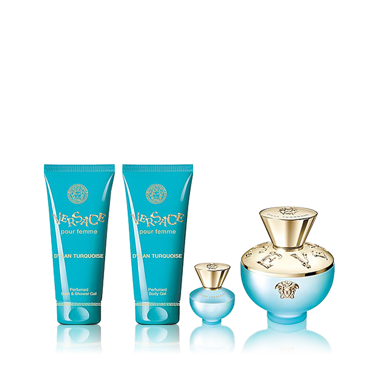 VERSACE DYLAN TURQUOISE WOMEN 4 PSC GIFT SET WITH 100ML / 3.38 OZ EDT + 100ML / 3.38 OZ SG + 100ML / 3.38 OZ BODY GEL+5ML EDT